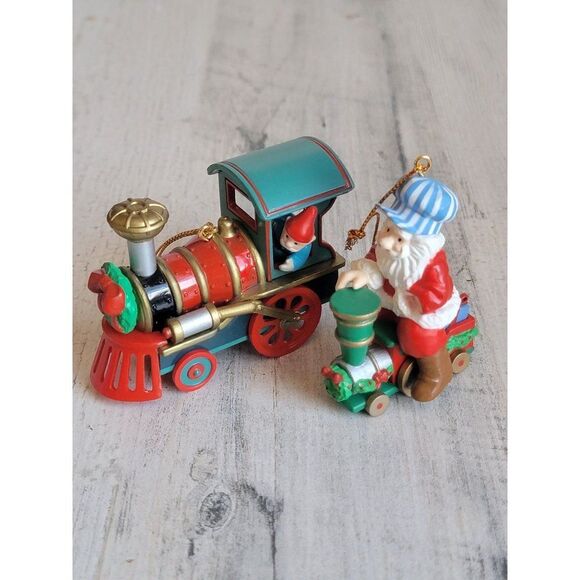 Vintage 1991 Santa Claus train elf AS IS ornament set Xmas - Picture 1 of 6
